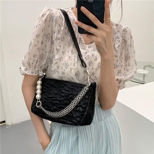 Retro Design Women Underarm Bag Fashion Pearl Chains Ladies Small Shoulder Bags Jacquard Pleated Female Tote Purse Handbags