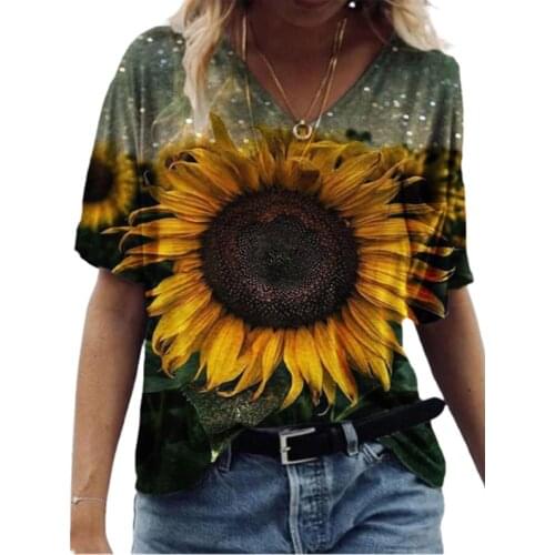 3D Sunflower Women Print T Shirt Loose Plus Size Ladies Tops Oversized Casual Streetwear Short Sleeve V-Neck Tee Summer 2021 New