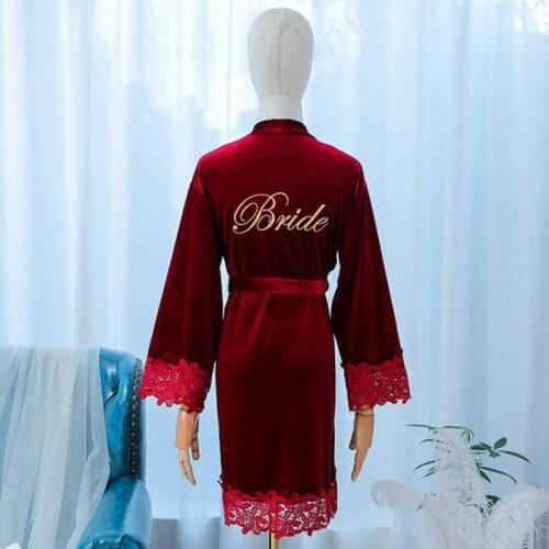 Women Velour Sleepwear Bride Bridesmaid Wedding Robe Lace Patchwork Kimono Gown Embroidery Letter Nightgown Bathrobe