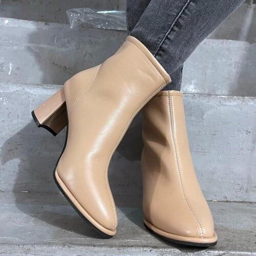 Fashion Womens Boots PU Leather Shoes Plus Size Breathable Chunky High Heels Pointed Retro Zipper Short Boots Botas Femininas