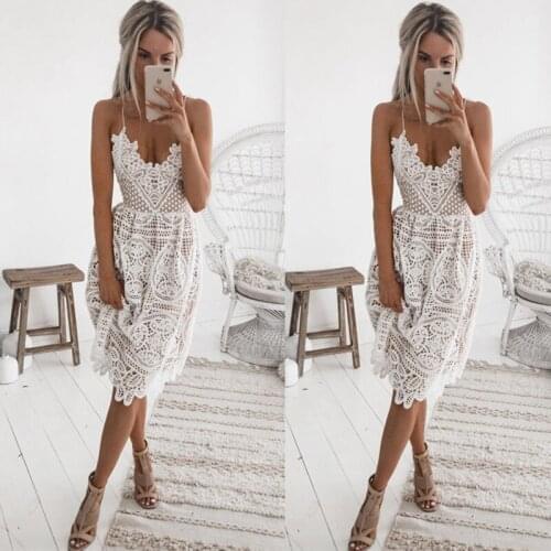 2021 Summer Sexy Deep Neck Spaghetti Straps Cross Belt Backless Womens Dress Fashion New Hollow Out Lace Patchwork Ladies Dress