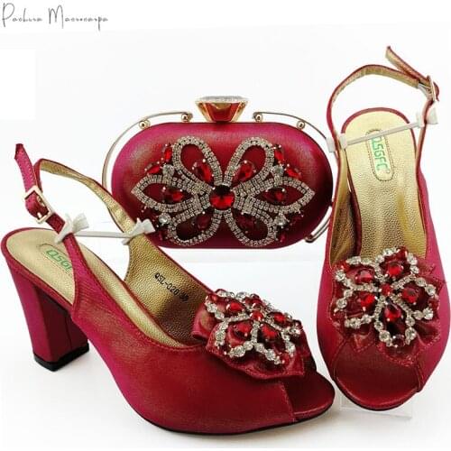 2020 Hot Selling Italian Design Lastest African Nigerian Party Ladies Shoes and Bag Set Decorated With Rhinestone in Red Color