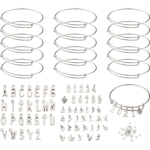 22pcs/set Personalize Stainless Steel Expandable Bangles A-Z Letters Number Initial Charm Bracelets with Jump Rings