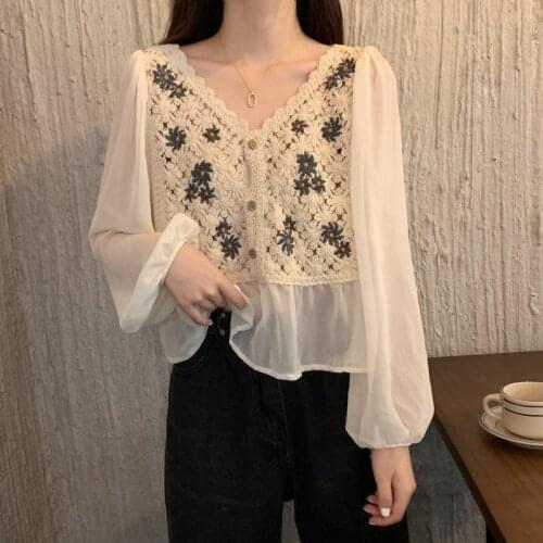 #8252 White Beige Chiffon Long Sleeves Casual Vintage Women Shirts Slim V Neck Short Shirt Femme Sexy Womens Tops And Blouses