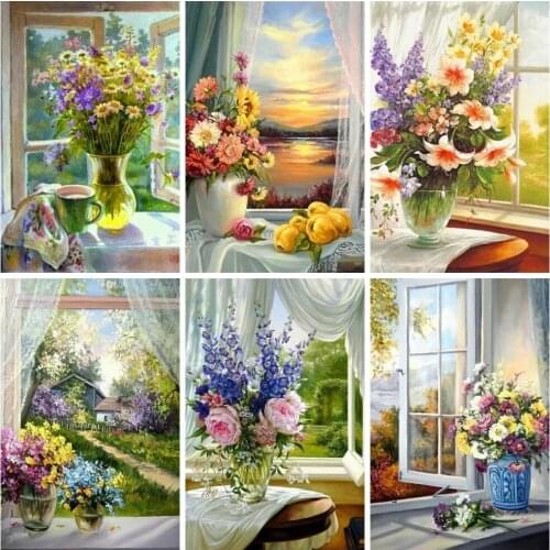 AMY-Painting Diamond Theme Flowers, 5D Embroidery, All Square Frame, Embroidery, Scenery, Windows, Handicrafts, Home Decoration