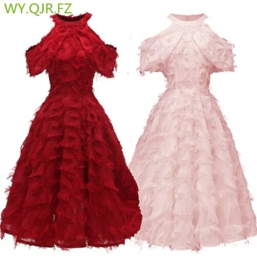 CD1707#Burgundy Evening Dresses Short New Winter 2019 White Pink Christmas Party Prom Dress Girl Wholesale Feather tassels