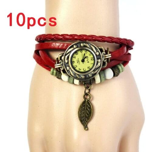 10pcs OTOKY Fashion Leather Bracelet Watch Women Casual Dress Vintage Leaf Beads Wristwatch Luxury Quartz women Watch A30