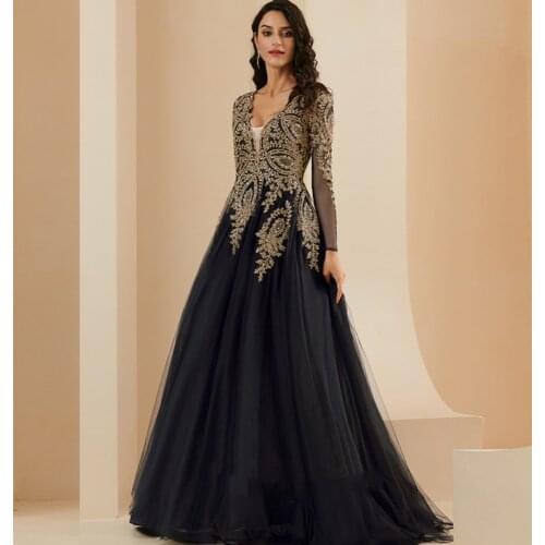 Black Tulle Evening Dresses Long 2021 A-Line Arabic V-Neck Long Sleeve Karakou Prom Party Gowns Floor-Length robes de soirée