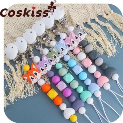 Coskiss Personalized Name Handmade Pacifier Clips Holder Chain Silicone Pacifier Chains Set Civet Cat Baby Teether Chain