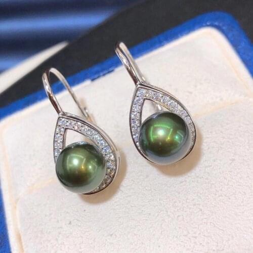 D822 Pearl Earrings Fine Jewelry 925 Sterling Silver Round 8-9mm Fresh Water Peacock Green Black Pearls Drop Dangle Earrings