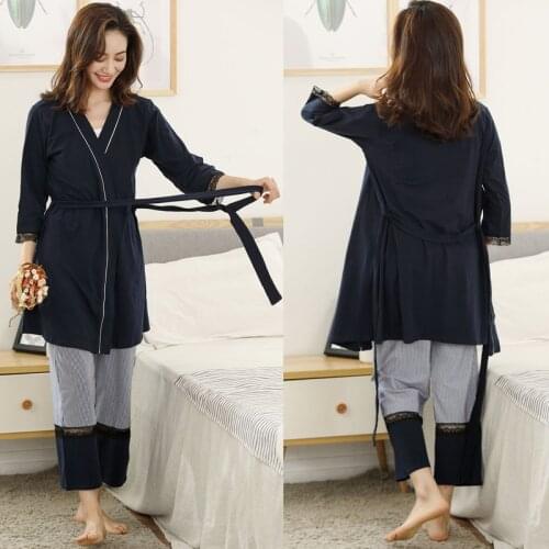 Cotton Maternity Pajamas Sets Cardigan+Camisole+Trousers Belt Three-piece Sleepwear OCollar Pregnant Women Nursing Nightgown