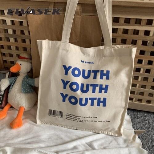 ELVASEK Canvas Shopping Bag Female Letters Print Cotton Cloth Shoulder Bag women 2020 Eco Handbag Women Reusable Shopper Bags