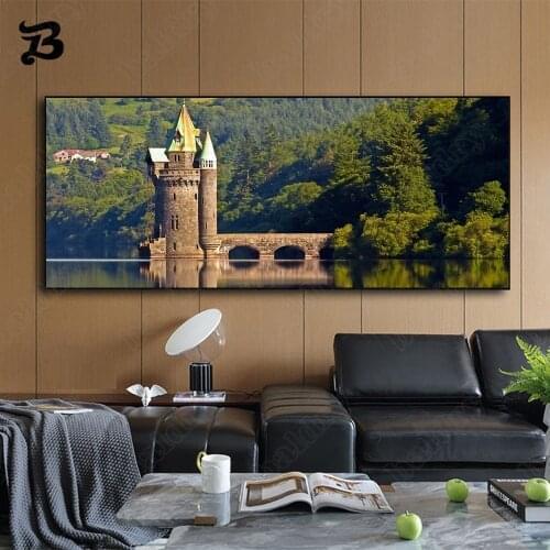 Canvas Painting Wall Art Nordic Style Landscape Street Art Painting Lakeside Castle City Scenery Canvas Posters Home Decoration