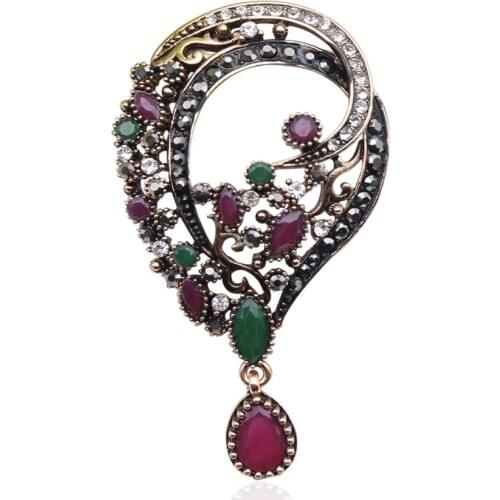Vintage Turkish Wreath Brooch For Women Arabesque Multicolor Resin Pins Jewelry Antique Gold Color Rhinestone Brooches Broches