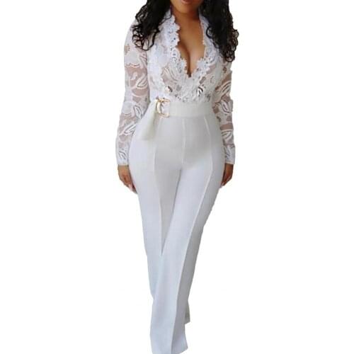Elegant Lace Rompers Womens Summer Jumpsuit Solid Color Sexy Ladies Casual Long Trousers Overalls White Jumpsuit Office Lady 3XL