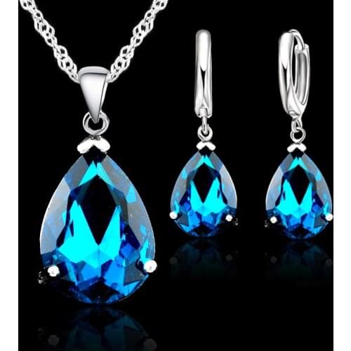 9Colors Fashion Wedding Bridal Jewelry Sets Women 925 Sterling Silver Water Drop Crystal Pendant Necklaces Earrings Sets