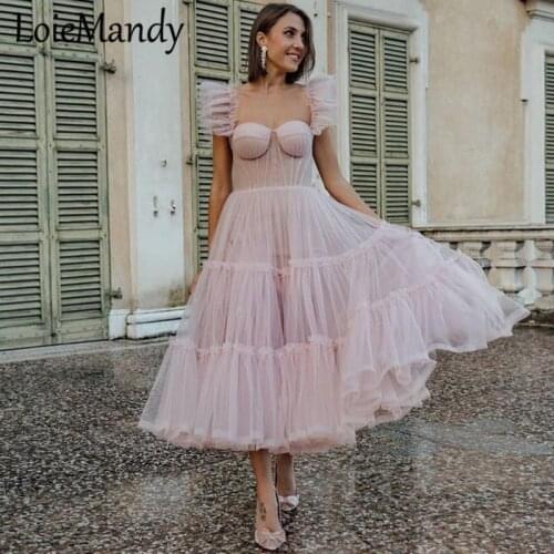 Sweetheart Tea Length Short Evening Dress Gown For Ladies Elegant Ruffled Special Occasion Gown Formal Tulle Reception Dress
