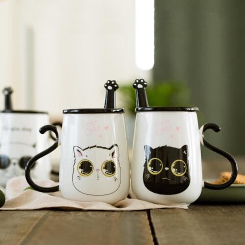 Cute Animal Cat Dog Pattern Ceramic Mugs with Lid & Spoon Cartoon Creative Moring Mug Milk Coffee Tea Porcelain Cups SH330-1195