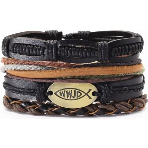 WWJD Faith Punk 4 pcs/set John 3:16 Wristbands Vintage Black Beads Bible Leather Bracelets Men Bracelets Women Homme Jewelry