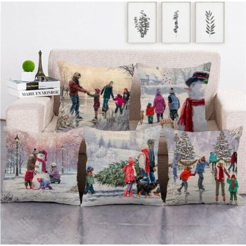 Christmas Decoration Happy Holidays Printed Cushion Cover Linen Pillowcase Sofa Car Seat Cushion Cover Party Home Decor New Year