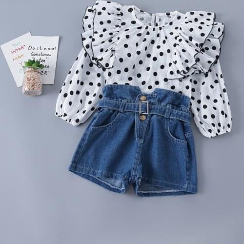 2-7 Years High Quality Spring Girl Clothing 2021 New Fashion Casual Dot Shirt + Jeans Kid Children Girls Clothing Set