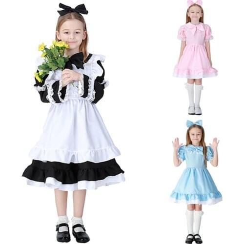 4-12Y Cute Princess Alice Maid Costume For Kid Girls Lolita French Sweet Apron Dress Fancy Birthday Outfit Baby Child Halloween