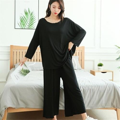 Plus size pajamas home service suit female spring and autumn fat mm loose long-sleeved black pajamas wide-leg pants two-piece