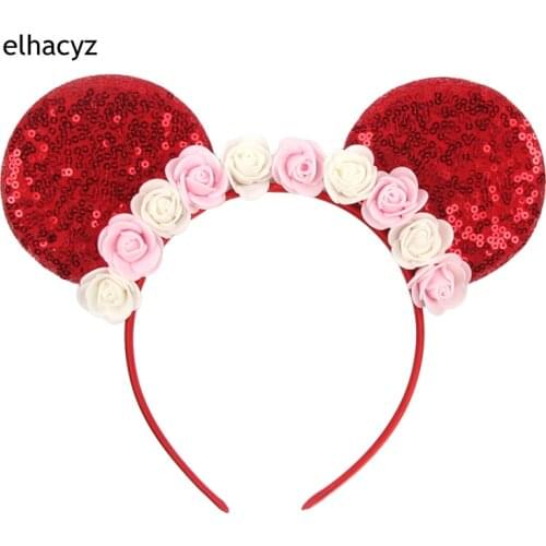Lovely Flowers Headband Girls Glitter Sequins Mouse Ears Hairband Women Festival Kids Party Headwear Summer Hair Accessories