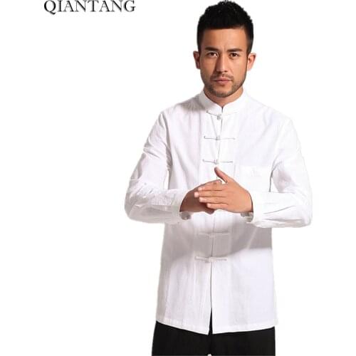 White Men Cotton Linen Long sleeve Kung Fu Shirt Classic Chinese Style Tang Clothing Size S M L XL XXL XXXL hombre Camisa Mim903