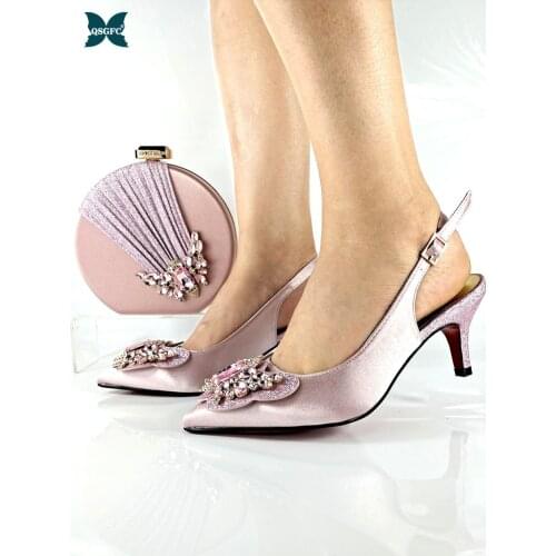 Italian Design 2021 Pink Color Nigerian Fashion Butterfly-Kont Style Elegant Women Shoes and Bag Set Decorated With Rhinestone