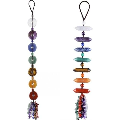 TUMBEELLUWA 7 Chakra Gem Stone Hanging Decoration Ornament Hexagonal Column Peace Buckle Lucky Healing Crystal Home Window Decor