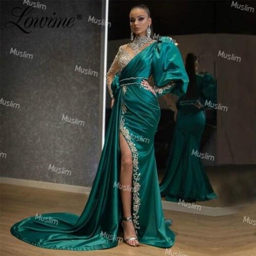 Elegant Arabia Dubai Mermaid Evening Dresses 2021 Puff Sleeve Silk Satin Prom Dress With Slit Appliques High Neck Formal Dress
