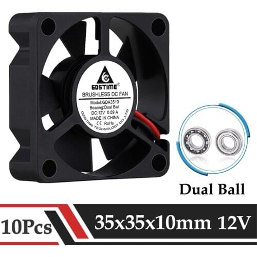 10Pcs/Lot Gdstime DC 12V Axial Fan 35x35x10MM Dual Ball Brushless Heatsink Fan 3510 35MM 3D Printer Laptop Micro Cooling Fan