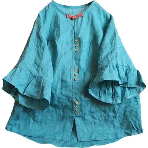 Johnature Women Vintage Ramie Shirts Solid Color Butterfly Sleeve O-Neck Blouses 2021 Summer Button Loose Women Shirts And Tops