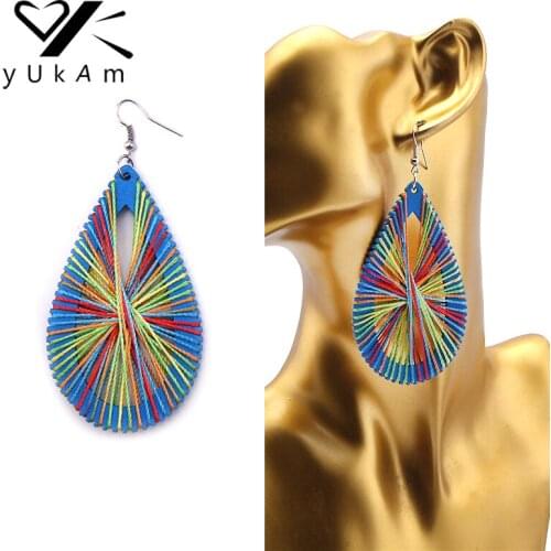 YUKAM Ethnic Handmade Hollow Water Drop Earrings Afrocentric Long Dangle Wooden Earrings African Natural Wood Earrings for Women