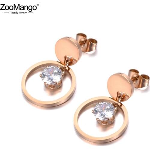 ZooMango Fashion OL Style Double Circle Stainless Steel Stud Earrings Rose Gold AAA CZ Crystals Ear Jewelry For Women ZE19171