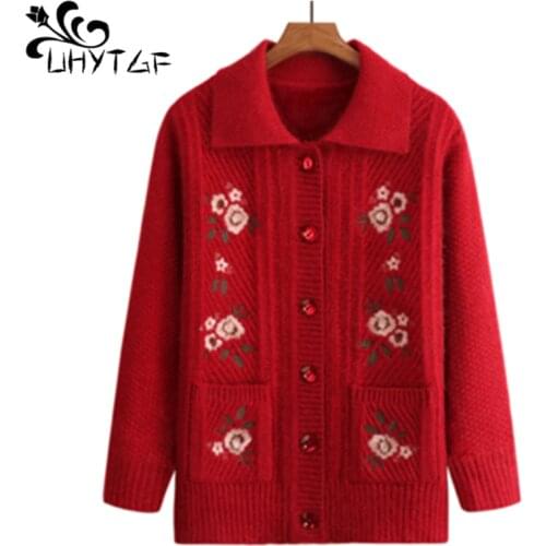UHYTGF Women sweater thick cardigan warm autumn winter sweater coat Female fashion flowers elegant mom loose plus size jacket745