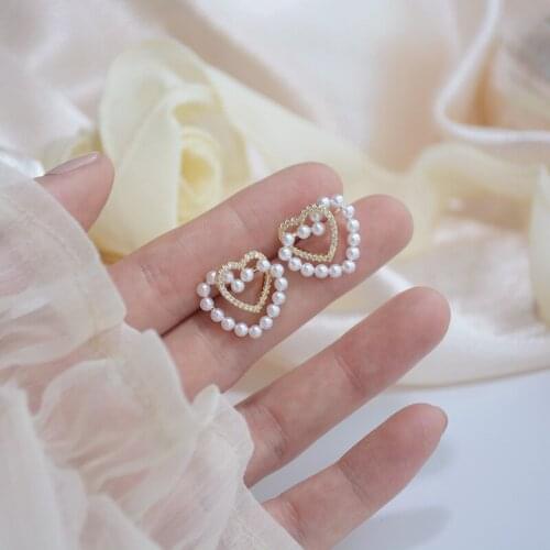 14k Real Gold Plated Jewelry Double Love Diamond Pearl LuxuryEarrings for Woman Shine Holiday Sweet Daily Earring Accessories