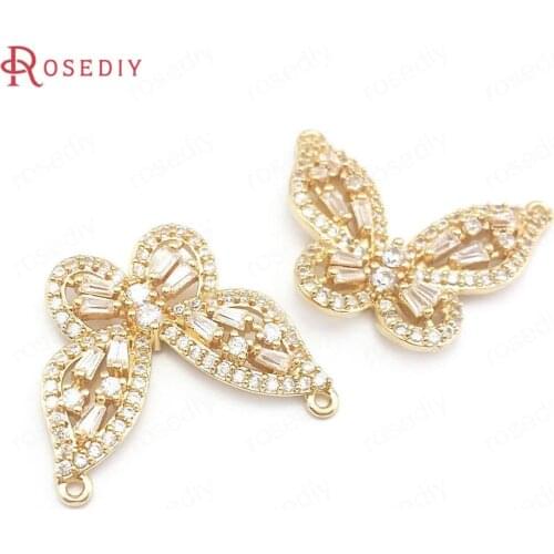 39975)4PCS 22x28MM 24K Champagne Gold Color Brass and Zircon Butterfly Charms Pendants Jewelry Making Supplies Diy Accessories