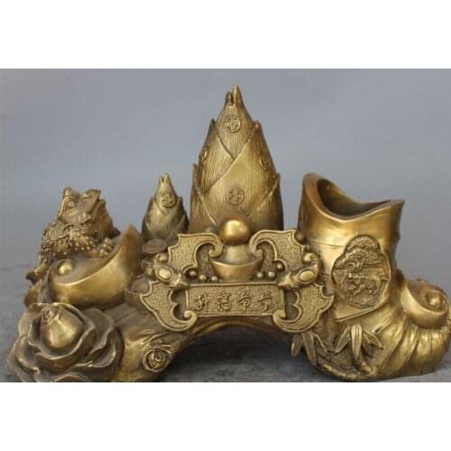 Bi002004 10" Chinese Feng Shui Bronze Wealth Money Jin Chan Brush Pot pencil vase Statue