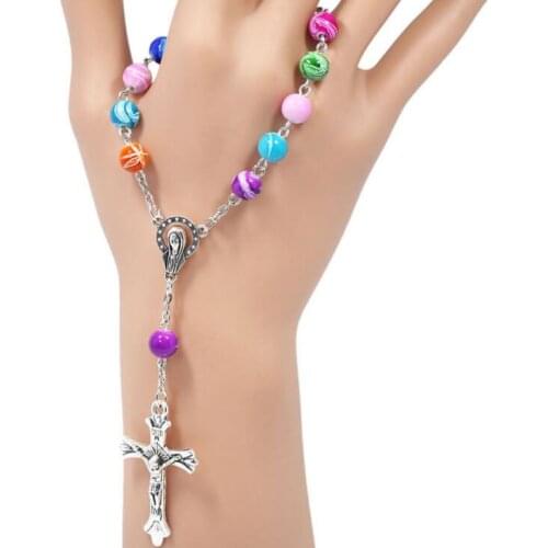 Catholic Rosary Prayer Beads Bracelet Cross Imitation Pearl Acrylic Bangles Fashion Wristband Fit Party Souvenirs LX1588