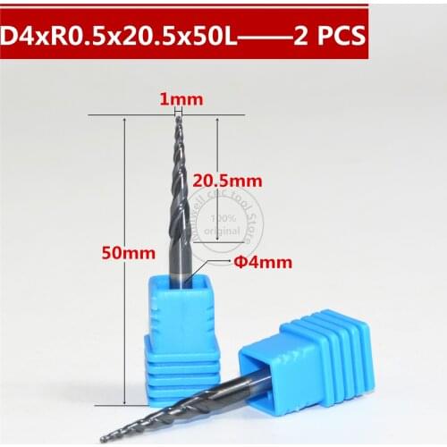 2PCS R0.5*D4*20.5*50L CNC Tungsten solid carbide Tapered Ball Nose End Mill taper and cone end mills,woodworking router