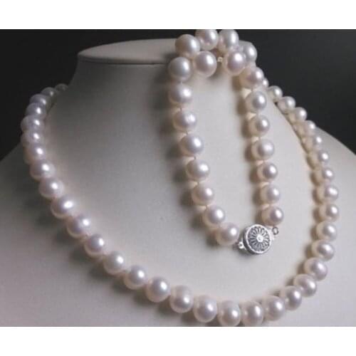 9-10mm round white freshwater pearl necklace 18" bracelet 7.5-8" stud earrings