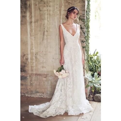 Promoted free shipping good quality bridal gown lace appliques deep V neckline cut open back court train wedding dresses