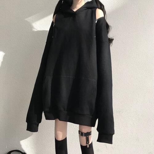 2020 Autumn Spring Winter New Korean Design Sense Off-the-shoulder Loose Solid Black Mid-length Hooded Long-sleeved women Tide