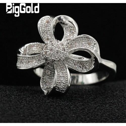 New Arrival Women Ring with Shining Cubic Zirconia Stones Plated Rhodium Lovely Bowknot Finger Rings for Girls Party Jewelry