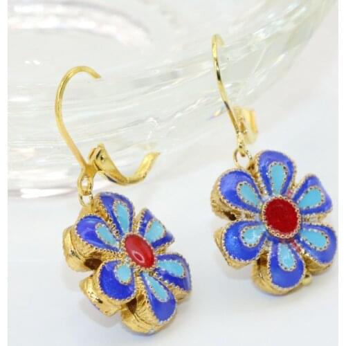 New fashion special design 17mm dangle gold-color carved flower cloisonne drop earrings for women party gifts jewelry B2646