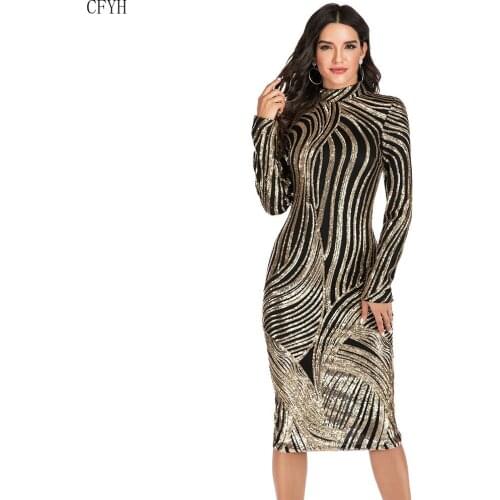 Snake Print Gold Sequin Midi Dress Women Sexy Beach Night Club Evening Party Autumn Winter Bodycon Dresses