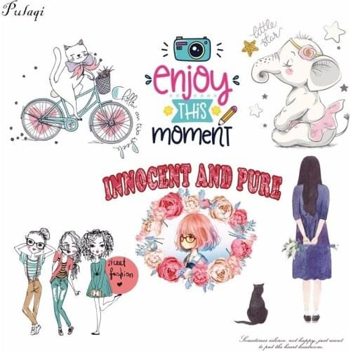 Pulaqi Beauty Girl Cute Animal Iron On Transfer Vinyl Patches Cartoon Cat Elephant Heat Thermal Transfer For Kids Clothes DIY F