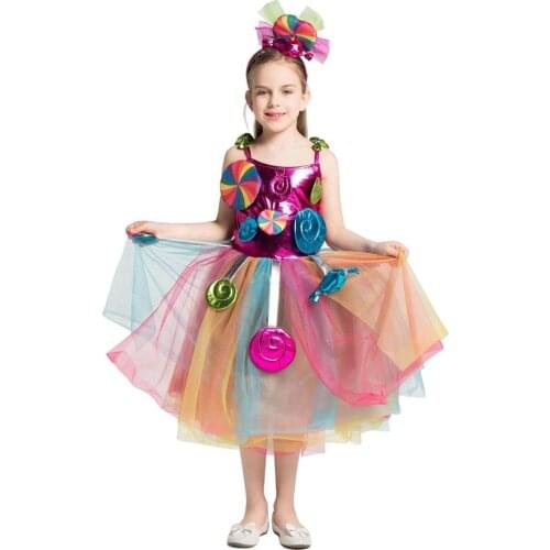 Rainbow Sweet Candy Fairy Girl Birthday Costume Kids Rainbow Lollipop Flower Bow Tutu Dress and Headband for Carnival Party